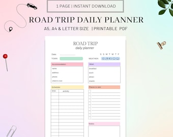 Daily Road Trip Planner Printable, Road Trip Itinerary,  Family Road Trip Planner, Road Trip Organizer, Travel Vacation Planner,Holiday Trip
