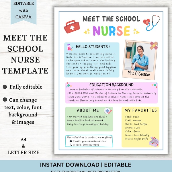 EDITABLE Meet the School Nurse Template, Meet your Teacher Letter, First Day of School Handout, Back to School Nurse Newsletter, Nurse Sign