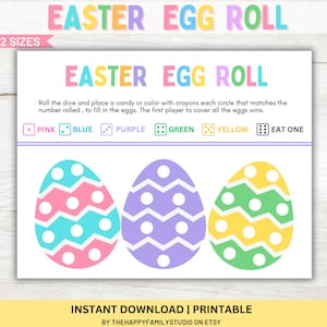 Puede incluir: Juego de rodadura de huevos de Pascua imprimible con tres huevos de color pastel. Los huevos tienen lunares blancos y patrones en zigzag. El juego incluye un dado con seis colores: rosa, azul, morado, verde, amarillo y comer uno.