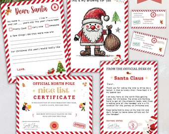 Puede incluir: Plantilla de carta de Navidad imprimible para que los niños le escriban a Papá Noel. La plantilla incluye un espacio para dibujar, una sección para enumerar las cosas buenas que hicieron y un espacio para escribir sus deseos navideños. La plantilla también incluye un certificado de Papá Noel, que declara que el niño ha sido incluido en la lista de los buenos. La plantilla está decorada con rayas rojas y blancas y una ilustración de Papá Noel.