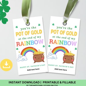 Pot Of Gold St Patrick&#39;s Gift Tag, St Paddys Day Gift Label, Rainbow St Patricks Day Tag, St.Patrick&#39;s Day Treat Tag, Classroom Favor Tag