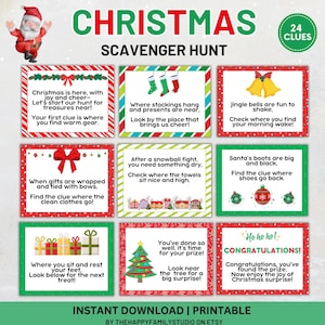 Indoor-Weihnachtsschatzsuche, Weihnachtsschnitzeljagdkarten für Kinder, Weihnachtsschnitzeljagd-Rätsel, Weihnachtsgeschenküberraschung