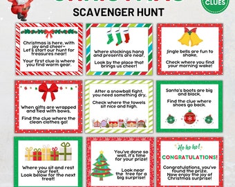 Peut inclure: Un jeu de piste de Noël imprimable avec 24 indices. Le design présente une illustration du Père Noël et neuf cartes carrées avec des graphiques festifs et des indices rimés. Les cartes sont bordées de rouge et de vert, avec du texte comme "Joyeux Noël" et "Félicitations!"