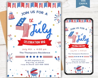 Modèle d'invitation pour le barbecue du 4 juillet, invitation à la fête de l'indépendance, fête d'été dans l'arrière-cour, fête de quartier