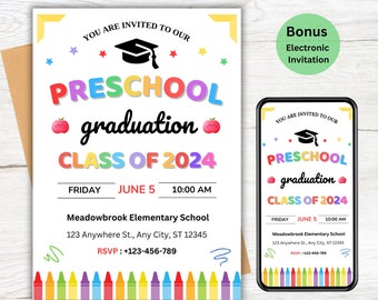 Preschool Graduation Invitation Template, Preschool Graduation Invitation, PreK Announcement Party Invite, Preschool Electronic Invitation