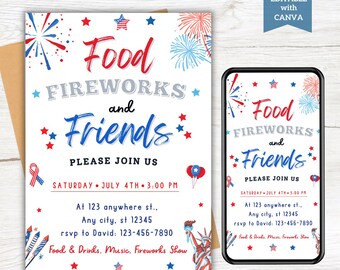 7月4日のパーティー招待状テンプレート、独立記念日パーティー招待状、アメリカでのパーティー電子招待状、7月4日のお祝いバーベキュー
