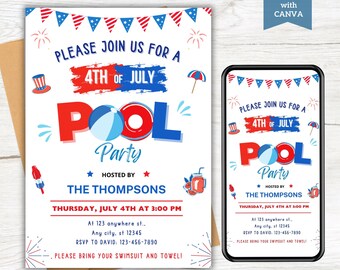 Modèle d'invitation d'anniversaire à la piscine du 4 juillet, invitation pour le jour de l'indépendance, invitation à une fête de natation, invitation d'anniversaire, invitation à une soirée barbecue d'été