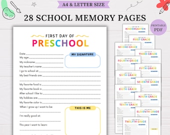 Puede incluir: Páginas de recuerdos imprimibles para el primer día de escuela desde preescolar hasta el 12º grado. Cada página presenta un diseño colorido con espacio para el nombre del niño, la edad, las cosas favoritas y una firma. Las páginas están diseñadas para capturar recuerdos e hitos.
