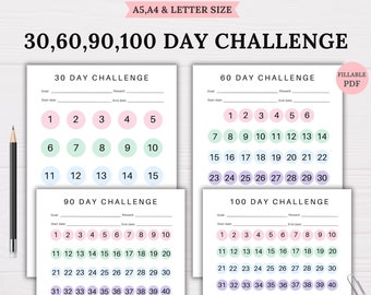 30,60,90,100-Tage-Challenge, Zielfestlegung, Fortschritt-Tracker, Habit-Tracker, Fitness-Workout-Diät, Gewichtsverlust-Challenge, tägliche Gewohnheit-Diagramm