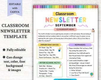 Classroom Newsletter Editable Template, Monthly/Weekly Class Flyer, Rainbow Back to School, Teacher Note To Parents, Class Printable Handout
