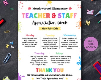 Teacher Appreciation Week Schedule, Editable Teacher Appreciation Flyer, Teacher Appreciation Week Itinerary Flyer, Staff Appreciation Week