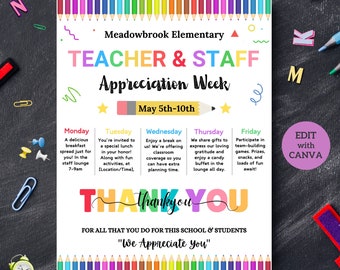 Teacher Appreciation Week Itinerary Poster Template, Newsletter Itinerary Schedule, Teachers Staff Appreciation Week Event Flyer, Canva