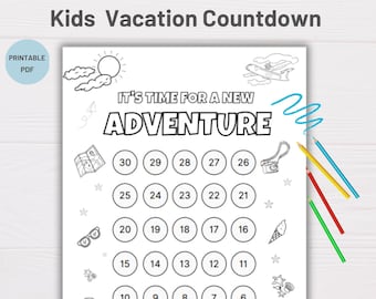 Countdown Calendar for Kids, Kids Vacation Countdown, Holiday Trip Countdown for Kids, Kids Printable Activities, Kids Travel Colouring Page