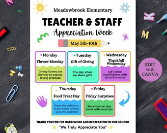 Teacher & Staff Appreciation Week Flyer Itinerary, Teacher Appreciation Week Schedule Canva Template, Event Itinerary Poster