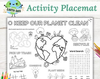 Printable Earth Day Activity Placemat, Happy Earth Day Craft Coloring Page, Earth Day Activity Kit, Classroom Sheet, Earth Day Worksheet