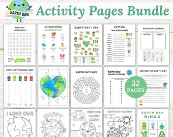 May include: A printable Earth Day activity pack with 32 pages of educational and fun activities for kids. The pack includes a word search, scavenger hunt, I Spy, maze, alphabet challenge, sorting, tracing lines, coloring pages, and bingo.