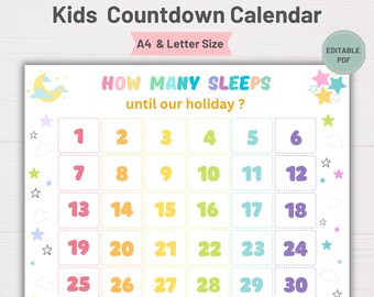 Kids Vacation Countdown, Countdown Calendar for Kids,  Kids Countdown Holiday Trip, Kids Printable Activities,  How Many Days Countdown