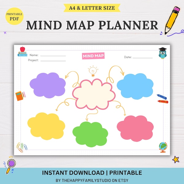 Mind Map Planner for Kids, Printable Mind Map, Visual Brainstorm Map, Mind Map Diagram, Idea Map, Note Taking Diagram, Kids School Planner