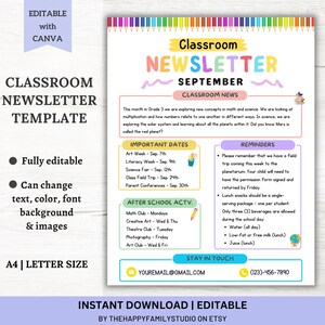 Plantilla editable del boletín informativo del aula, folleto de clase mensual/semanal, regreso a la escuela del arco iris, nota del maestro a los padres, folleto imprimible de la clase