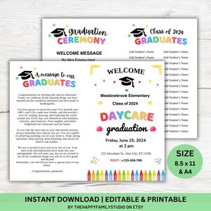 Puede incluir: Una invitación de graduación imprimible para una ceremonia de graduación de guardería. La invitación está decorada con lápices de colores y estrellas. El texto de la invitación dice "Clase de 2024 Graduación de la guardería" e incluye la fecha, la hora y el lugar del evento. La invitación también incluye un mensaje de bienvenida de la maestra, la Sra. Emma Hart.