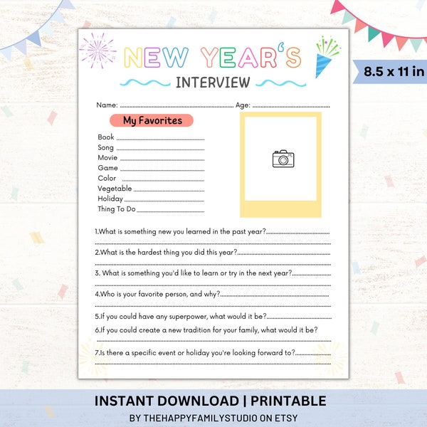 Yearly Interview Questions for Kids, Kid's New Years Interview, Year in Review, New Years Eve Time Capsule,  New Years Eve Kids Activity