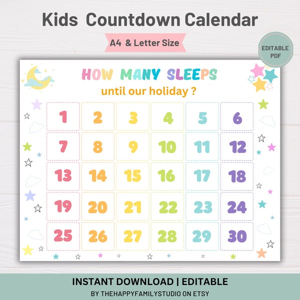 Kids Vacation Countdown, Countdown Calendar for Kids,  Kids Countdown Holiday Trip, Kids Printable Activities,  How Many Days Countdown