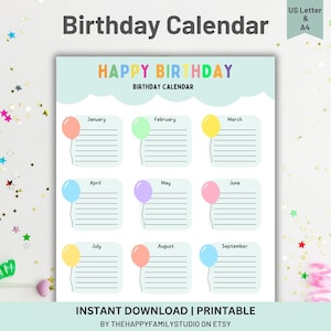 Könnte beinhalten: Druckbarer Geburtstagskalender mit hellblauem Hintergrund und bunten Luftballons. Jeder Monat hat Platz zum Eintragen von Geburtstagen. Der Text lautet "Happy Birthday" und "Geburtstagskalender".