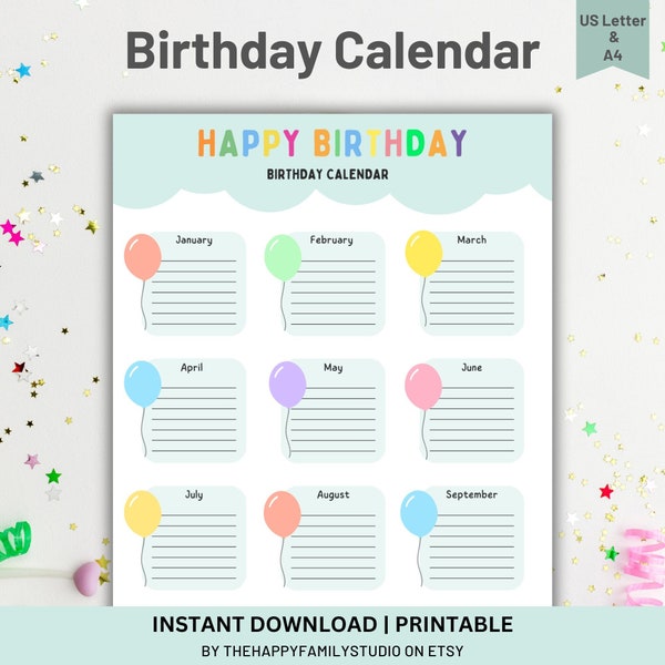 Printable Birthday Calendar, Birthday Tracker, Birthday Reminder Template, Birthday Monthly Tracker, Birthday Planner, Birthday Organizer