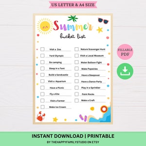 Printable Summer Bucket List Printable, Kids Summer Checklist, Kids Summer Activity, Fun Summer To Do List,  Summer Break Children