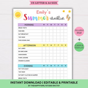 Editable Summer Daily Checklist for Kids, Chore Chart for Kids, Summer Rules, Summer Routine, Summer Planner, Responsibility Chart