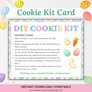 Instruções para kit de biscoitos DIY de Páscoa para impressão, cartão para kit de biscoitos DIY, decore seu próprio cartão de biscoitos, kit de biscoitos de coelho, kit de biscoitos DIY de primavera