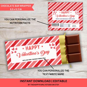 Valentines Day Chocolate Wrapper Template, Valentine&#39;s Day Chocolate Bar Wrapper, Printable Candy Bar Label, Editable Chocolate Wrapper