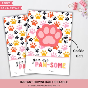 Carte à biscuits Vous êtes Pawsome patte de chien, carte à biscuits patte de chien, mini carte à biscuits imprimable, carte à biscuits Saint-Valentin, carte à biscuits PAWSOME, chat, chien