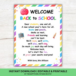 Carta de regreso al año escolar imprimible, Carta de bienvenida al estudiante, Poema del maestro a los estudiantes, Regalos para estudiantes Tarjeta del primer día de clases