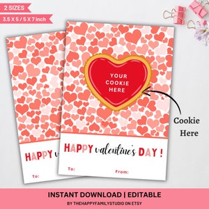 Carte à biscuits joyeuse Saint-Valentin, étiquette à biscuits imprimable Saint-Valentin, mini carte à biscuits, emballage de biscuits coeurs, carte chérie rose et rouge