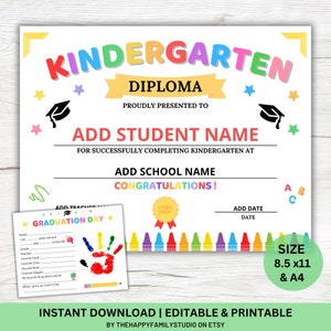 Kindergarten-Abschluss-Zeugnis, anpassbares Kindergarten-Diplom, Schulabschluss-Zertifikat, letzter Tag des Kindergarten-Diploms
