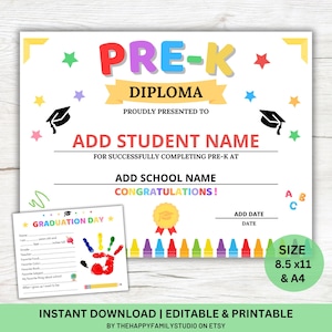 Bearbeitbares Pre-K-Abschlussdiplom, druckbares Pre-K-Zertifikat, Schulabschlusszertifikat, Abschlussdiplom des letzten Tages, Schul-Pre-K-Zeichen