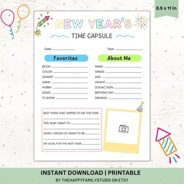 New Years Eve Time Capsule, Kids Year In Review, New Years Eve Kids Activity, Kids New Years Resolution, New Years Goals List, About Me Kids