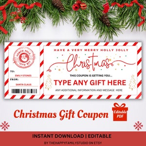 Bearbeitbarer Weihnachtsgutschein, druckbarer Weihnachtsgeschenkgutschein, benutzerdefinierter Weihnachtsgeschenkgutschein, Weihnachtsmann-Geschenkgutschein, Ereignisticketgeschenk