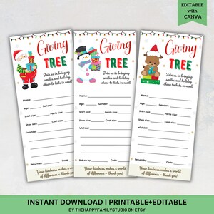 May include: Three printable Giving Tree cards with festive illustrations of Santa, a snowman, and a bear. Each card has fill-in-the-blank sections for name, age, and wishlist, with the text "Join us in bringing smiles and holiday cheer to kids in need!"