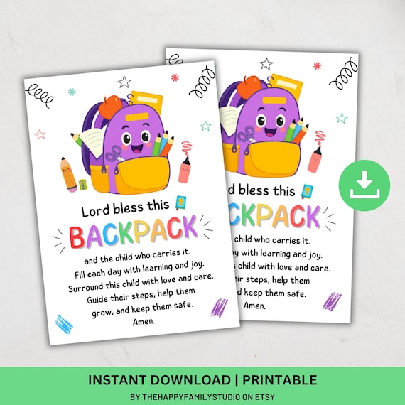 Backpack Blessing Printable Gift Tag, Back to School Blessed