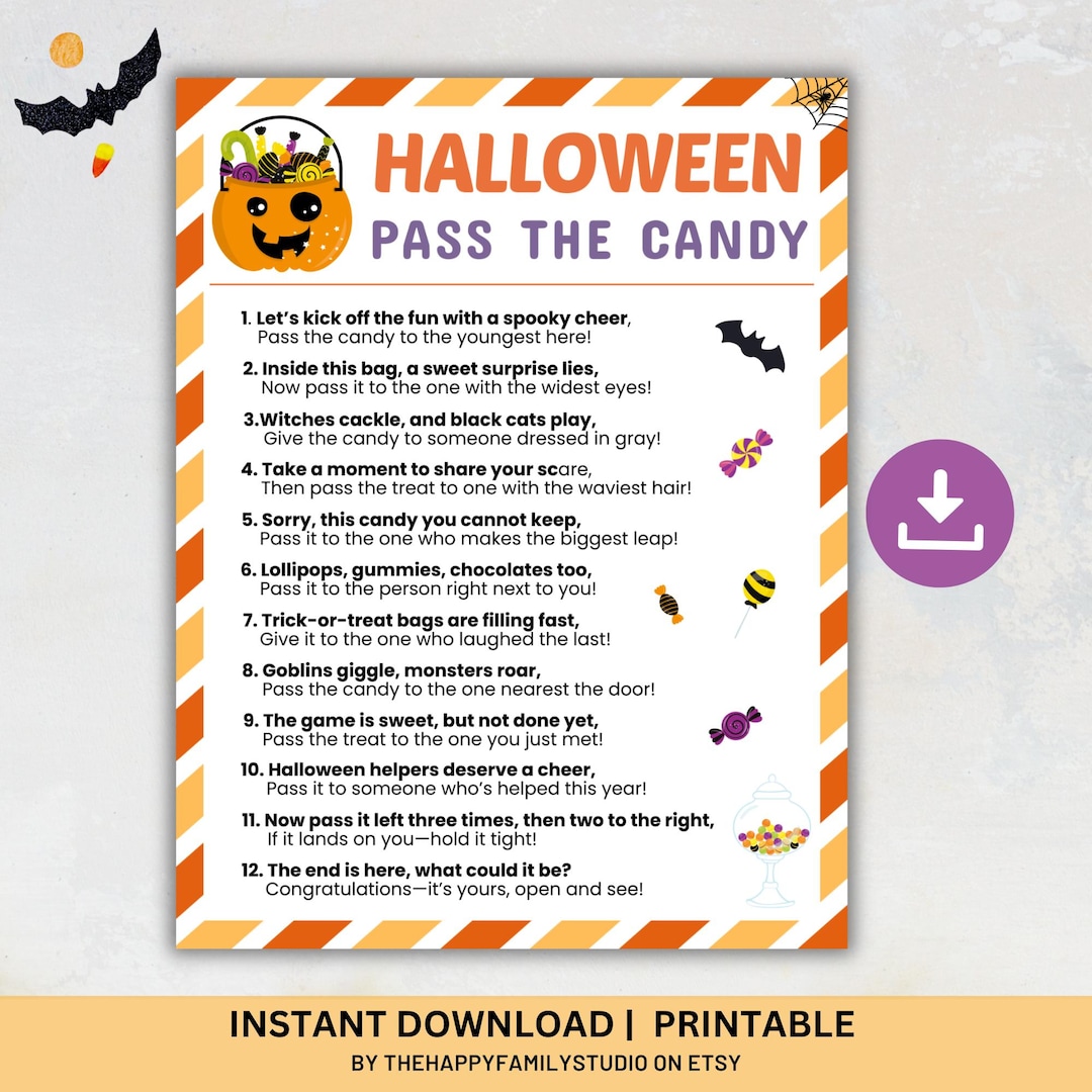 Halloween Pass the Candy Game, Pass the Prize Game, Printable Game for ...