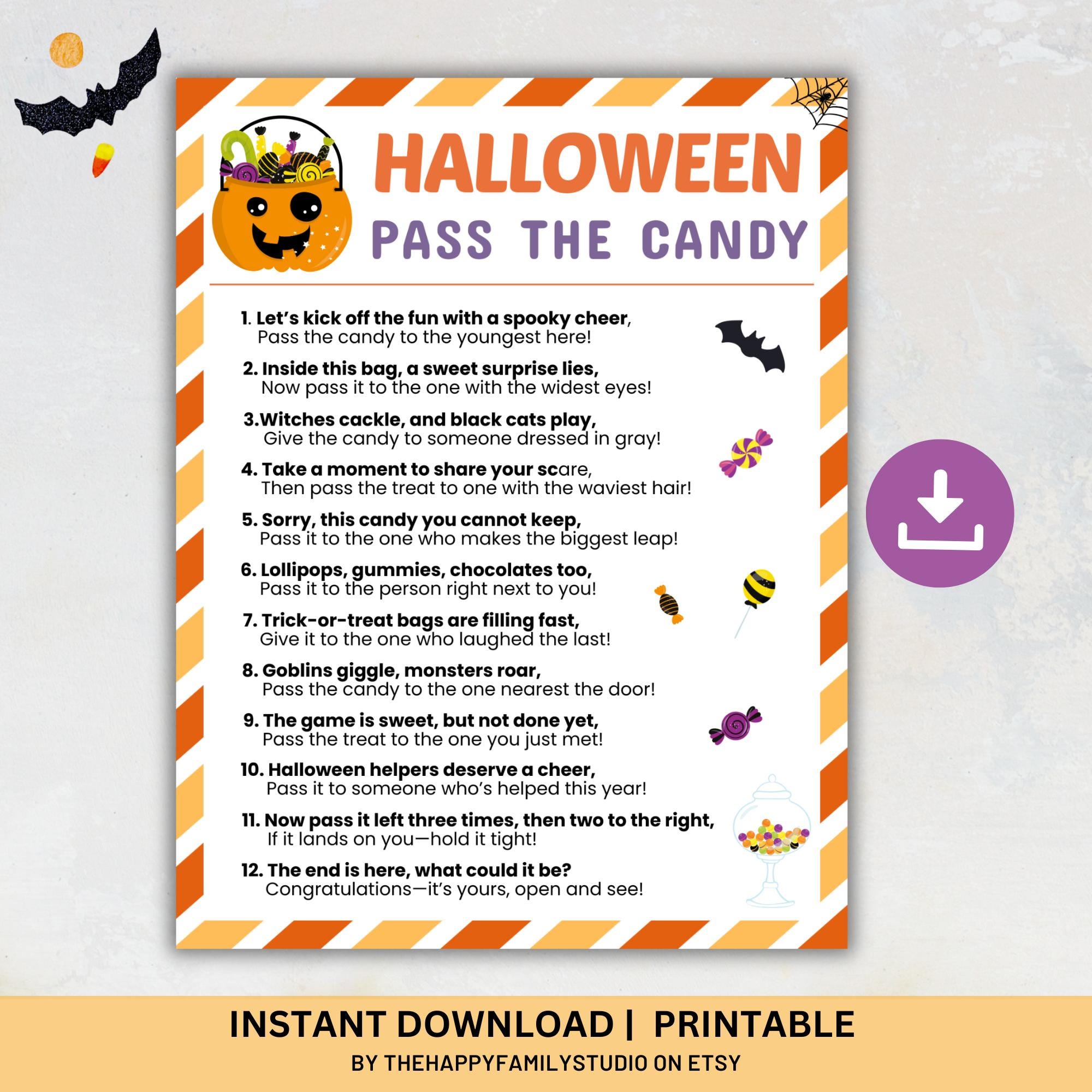Halloween Pass the Candy Game, Pass the Prize Game, Printable Game for ...