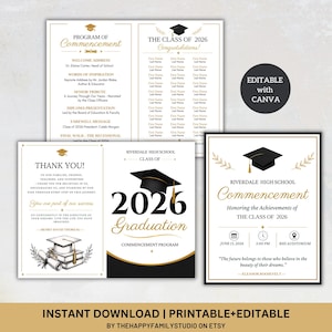 May include: A graduation announcement and program set with a black and gold color scheme. The program includes the text "Riverdale High School Class of 2026 Graduation Commencement Program". The announcement includes the text "Commencement" and "Honoring the Achievements of The Class of 2026".