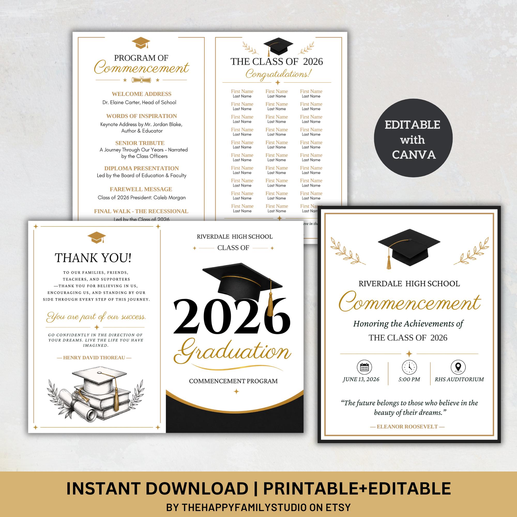 Graduation Program Editable Template, High School & College Graduation ...