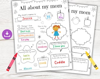 May include: A printable worksheet for children to fill out about their mum. The worksheet has sections for the mum's name, age, birthday, favourite things to eat, favourite things to do, and a space for the child to draw a picture of their mum. The worksheet also includes a space for the child to write a message to their mum.