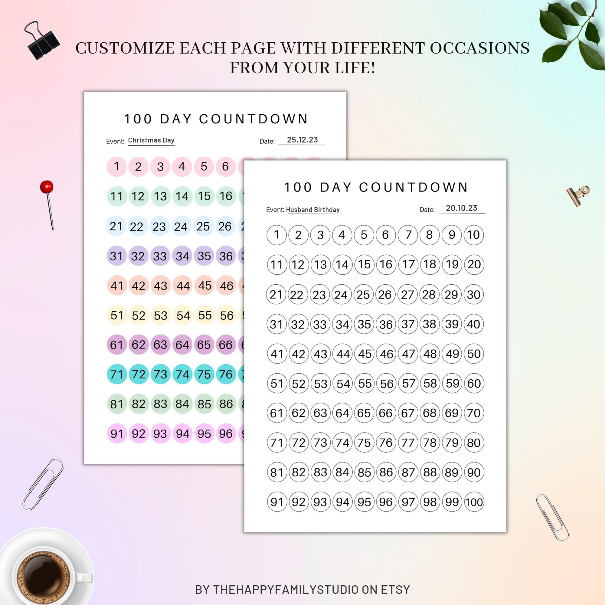 100 day countdown tracker for any occasion printable 100 etsy