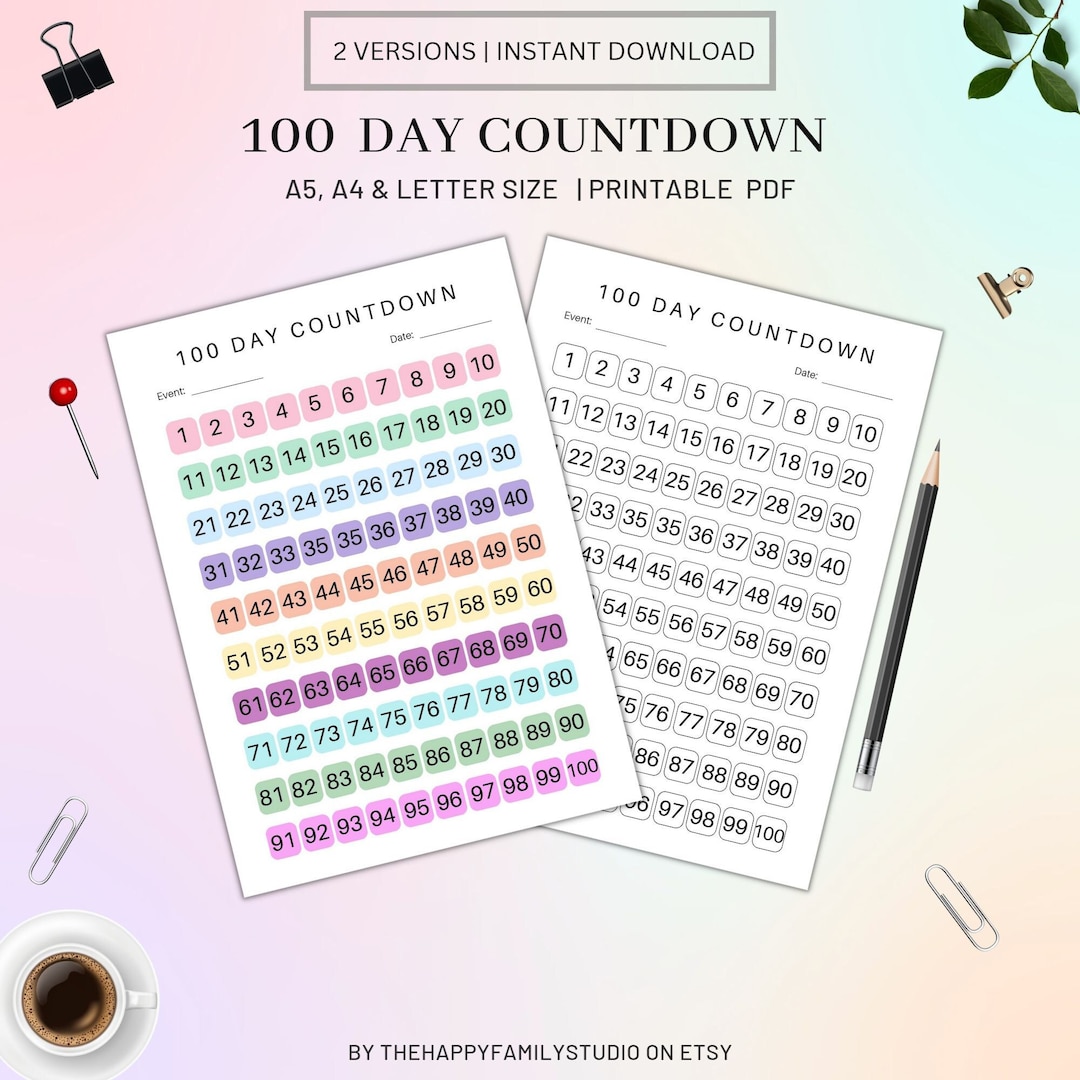100 Day Countdown Printable Planner Days Countdown Tracker to Etsy