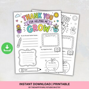 Può includere: Biglietti di ringraziamento stampabili in bianco e nero per insegnanti con la scritta "Thank You For Helping Me Grow". I biglietti hanno sezioni da compilare per una foto, ricordi e altro. Include un'icona di download verde.