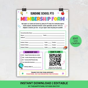 Pode incluir: Um formulário de adesão Sunshine School PTO em papel pautado com texto colorido, um código QR para aderir e secções para contactos dos pais, informações dos alunos e quotas. Inclui um globo, uma maçã e um ícone de lâmpada.